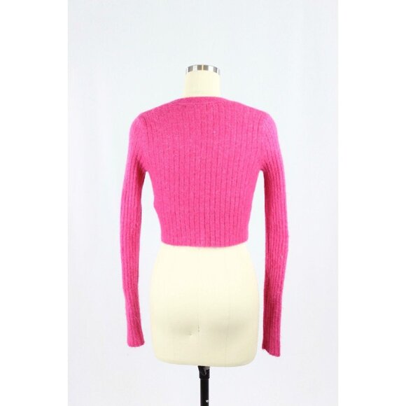 ZARA Hot Pink Wool Alpaca Ribbed Knit V-Neck Cropped Cardigan Sweater, Size S - Picture 3 of 10